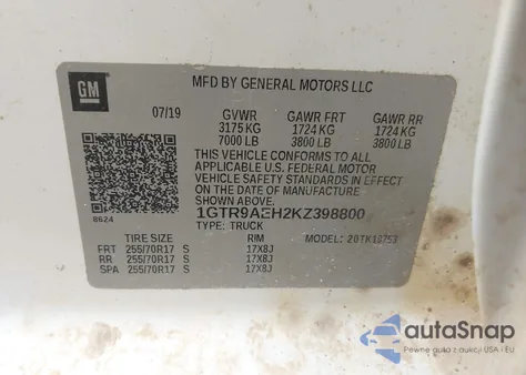 2019 GMC Sierra из США, поврежденный, VIN 1GTR9AEH2KZ398800